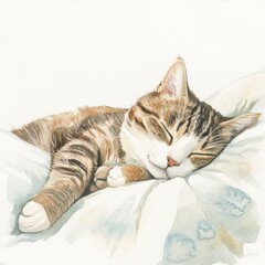 Aufkleber - A charming sleeping cat peacefully rests on a soft bedspread against a bright white background in a cozy setting. Generative AI