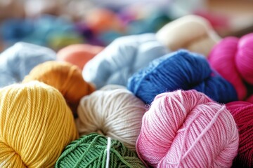 Poster - Close-up of colorful yarns on blurred background. Various yarns of different textures, colors, materials seen. Soft, warm, natural fibers like wool, cotton, threads visible. Crochet, knitting