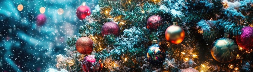 Poster - A festive scene featuring a beautifully decorated Christmas tree adorned with colorful ornaments and soft, twinkling lights.
