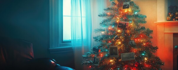 Poster - A beautifully decorated Christmas tree with vibrant lights in a cozy interior, creating a festive and warm atmosphere.