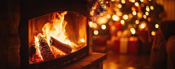 Aufkleber - A cozy fireplace adorned with logs, glowing warmly amidst festive lights and a decorated Christmas tree, creating a perfect holiday atmosphere.