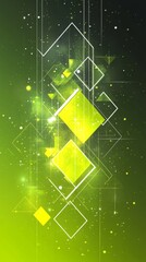 Poster - Dynamic green geometric shapes with glowing effects and sparkles against a dark background in an abstract design