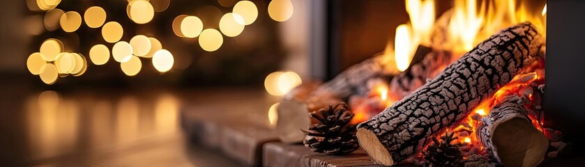 Poster - A cozy fireplace with glowing fire, logs, and festive bokeh lights, creating a warm and inviting holiday atmosphere.