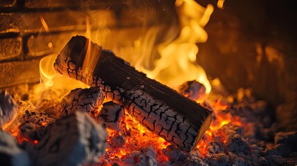Aufkleber - Burning log in a cozy fireplace, surrounded by bright flames and glowing embers, creating a warm and inviting atmosphere.