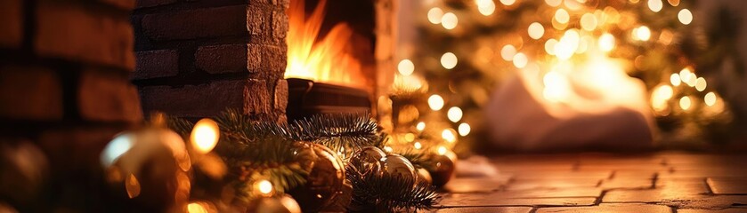 Poster - Warm and cozy fireplace scene with glowing lights, perfect for holiday ambiance and festive decorations.