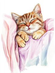 Aufkleber - A sleeping cat rests peacefully on a colorful bedspread in a cozy environment during a warm afternoon. Generative AI