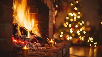 Aufkleber - A cozy fireplace with a warm fire, surrounded by holiday decorations and a glowing Christmas tree in the background.