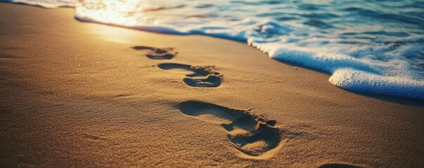 Poster - Footprints on sandy beach with gentle waves washing ashore, capturing a serene moment in nature's beauty.