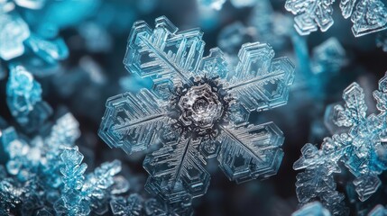 Poster - A close-up of a delicate snowflake showcasing intricate crystalline structures and beautiful details, set against a blurred backdrop.