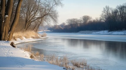 Poster - A serene winter landscape with a frozen river, snow-covered banks, and trees lining the shoreline, capturing the tranquility of nature.