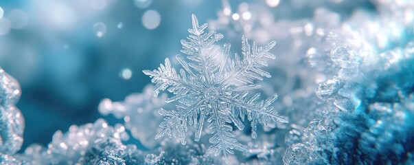 Aufkleber - A stunning close-up of a unique snowflake resting on a soft, icy surface, showcasing its intricate design and sparkling details.