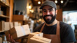 © IDNAF.std - Man with beard working at small business ecommerce holding packages smiling with a happy and cool smile on face