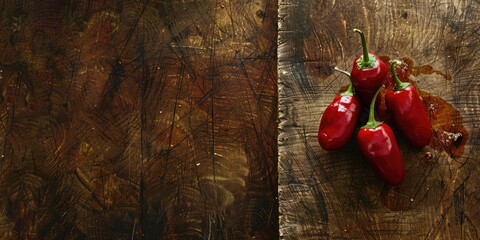 Detailed view of vibrant raw red jalapeno peppers on a weathered wooden surface with room for text.