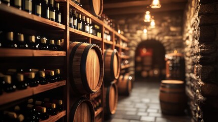 Poster - A cozy wine cellar with wooden barrels and stacked wine bottles showcasing a warm, inviting atmosphere. Generative AI