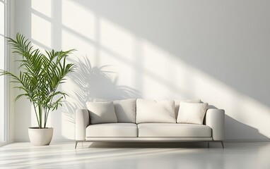 Wall Mural - A minimalist living room featuring a white sofa and a potted plant, illuminated by natural light.