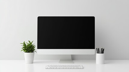 Poster - A minimalist workspace featuring a blank monitor, keyboard, and potted plants, ideal for productivity and focus.