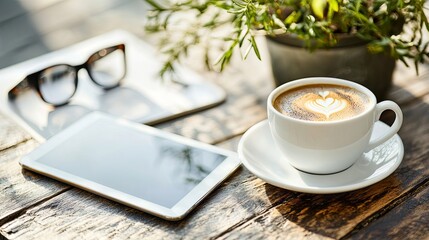 A cozy scene featuring a cup of latte art, a tablet, and sunglasses on a wooden table surrounded by greenery.