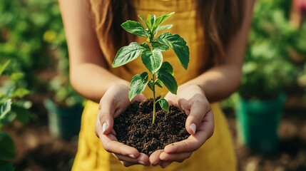 Unrecognizable woman holding a green seedling growing in soil. Anonymous female organic farmer protecting a young plant in her garden. Sustainable female farmer planting a sapling on her farm.