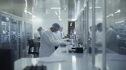 Poster - scientists conduct research in a modern laboratory equipped with advanced technology during daytime