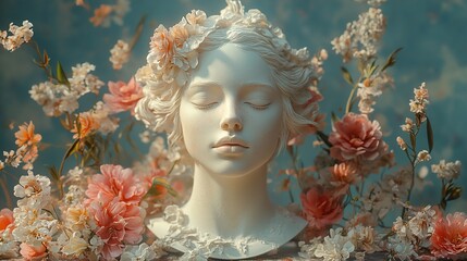 Wall Mural - Serene White Statue Surrounded by Delicate Flowers