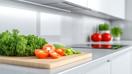 Canvas Print - A cutting board with tomatoes, green peppers and broccoli on it, AI