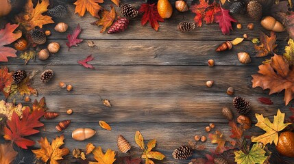 Poster - A wooden frame with a variety of autumn leaves and nuts