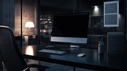 Aufkleber - A modern office workspace featuring a computer, desk, and ambient lighting, ideal for productivity and focus.