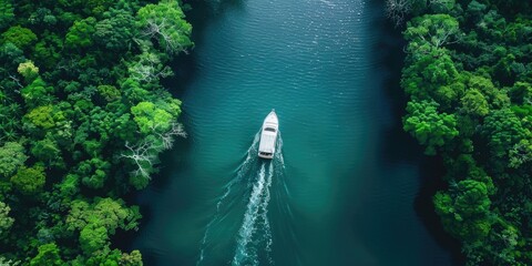 Wall Mural - Bird's Eye Perspective of a Vessel Navigating Through Woodlands