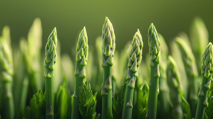 Wall Mural - Asparagus Harvest: A vibrant close-up showcasing a lush row of freshly sprouted asparagus spears, bathed in soft, natural light.  The image evokes feelings of freshness, health.