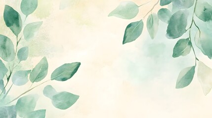 Canvas Print - Green leaves watercolor background invitation template, Generative AI