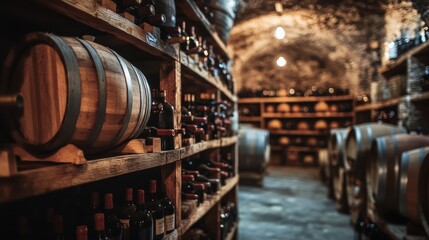 Aufkleber - A rustic wine cellar showcasing wooden barrels and neatly arranged wine bottles on shelves in a dimly lit underground space. Generative AI