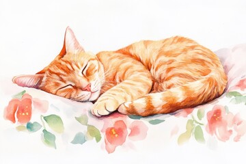 Aufkleber - A cozy orange cat blissfully sleeping on a floral bedspread against a soft white background during a calm afternoon. Generative AI