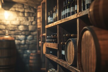 Poster - A cozy wine cellar featuring wooden barrels alongside neatly stacked shelves of fine wine bottles. Generative AI