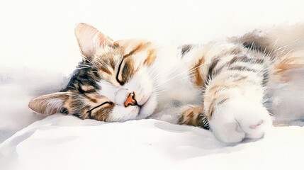 Aufkleber - A tranquil cat peacefully sleeping on a soft bedspread against a bright white background during a quiet afternoon. Generative AI