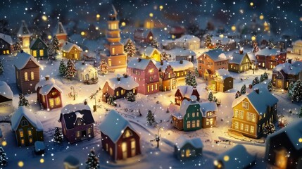 3D animated Christmas village scene with snow-covered rooftops,