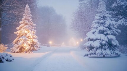 Aufkleber - Enchanting winter landscape with snow-covered trees, glowing lights, and a serene pathway, perfect for holiday-themed projects.