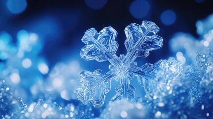 Aufkleber - A close-up view of a delicate snowflake resting on shimmering ice, capturing the beauty of winter's unique formations.