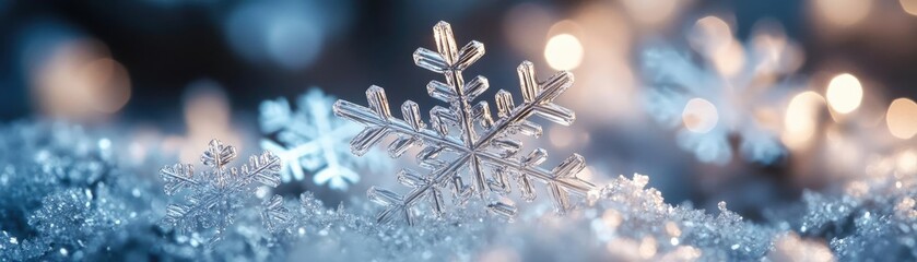 Poster - A close-up of a delicate snowflake resting on a bed of shimmering snow, capturing the beauty of winter's magic.