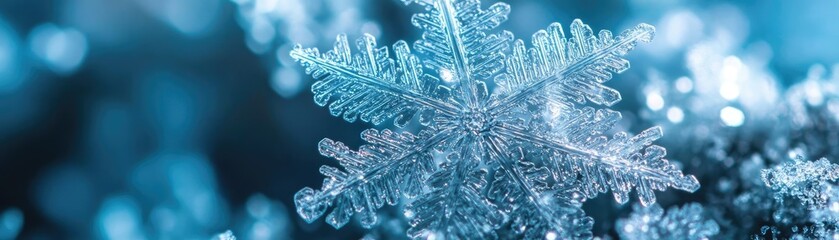 Poster - Close-up of a delicate snowflake resting on a glistening surface, showcasing intricate patterns and winter beauty.