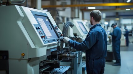 Poster - technician operating machinery in a modern manufacturing facility during daytime