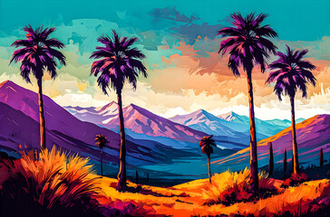 Wall Mural - abstract palm trees in a mountain landscape a vibrant, hand-painted impressionist scene of abstract 