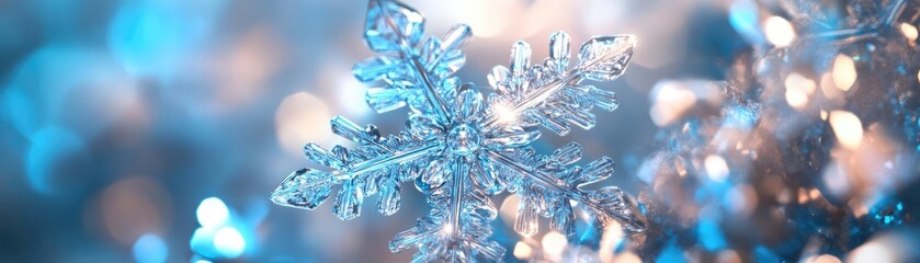 Poster - A sparkling snowflake glistens against a soft blue background, evoking the magic of winter and the beauty of the holiday season.