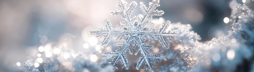 Aufkleber - A close-up of a delicate snowflake glistening in soft winter light, showcasing intricate patterns and a serene atmosphere.