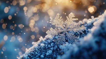 Aufkleber - A close-up of a delicate snowflake resting on a snowy surface, shimmering in the light with a beautiful bokeh background.
