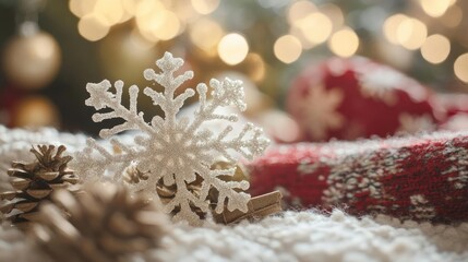 Poster - Close-up of a delicate snowflake ornament surrounded by festive decorations, evoking the warmth of the holiday season.