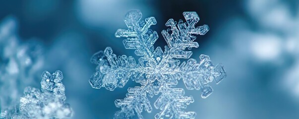 Aufkleber - A close-up of a delicate snowflake showcasing intricate patterns against a cool blue backdrop, symbolizing winter beauty.