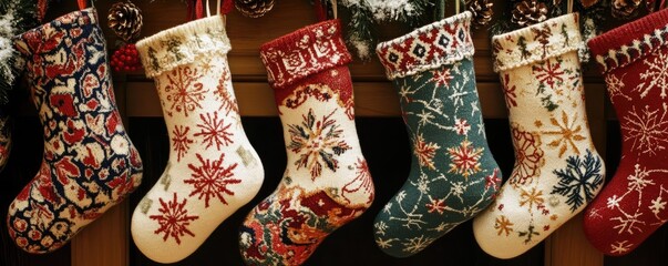 Poster - Colorful holiday stockings adorned with festive patterns, perfect for a cozy winter atmosphere and seasonal decorations.