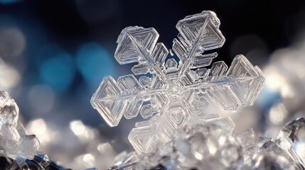 Poster - Close-up of a stunning snowflake resting on ice crystals, showcasing its intricate geometry and natural beauty against a blurred backdrop.