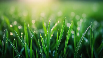 Poster - Close-up view of fresh green grass blades adorned with morning dew, illuminated by soft sunlight, creating a serene natural scene.