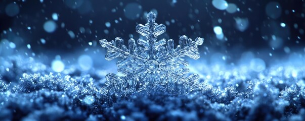 Aufkleber - Close-up of a crystal snowflake on a soft blue surface, sparkling in the light and creating a beautiful winter scene.
